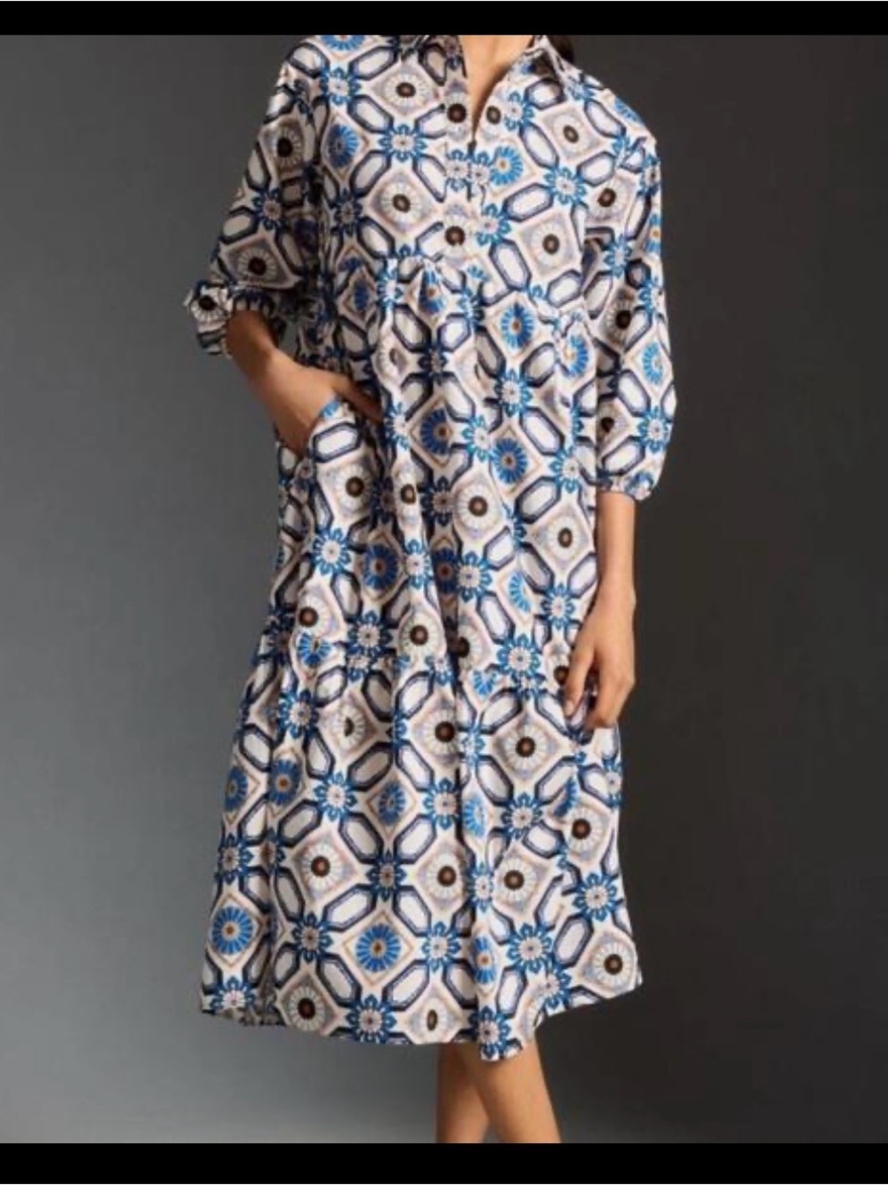 Maeve by Anthropologie Bettina Cotton Midi Dress XXS/XS/S - Sapphire Geometric